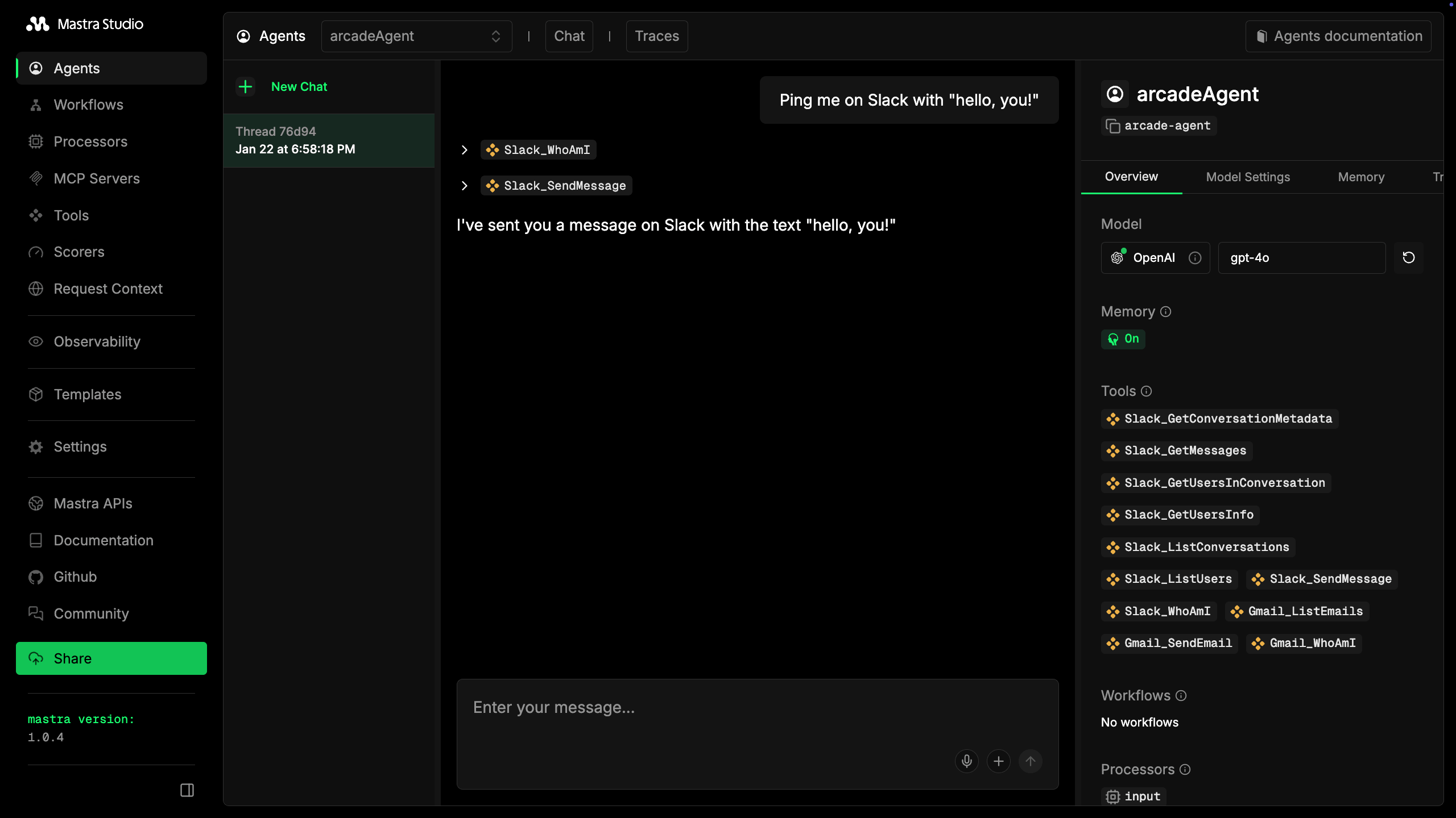 Mastra Studio agent interaction