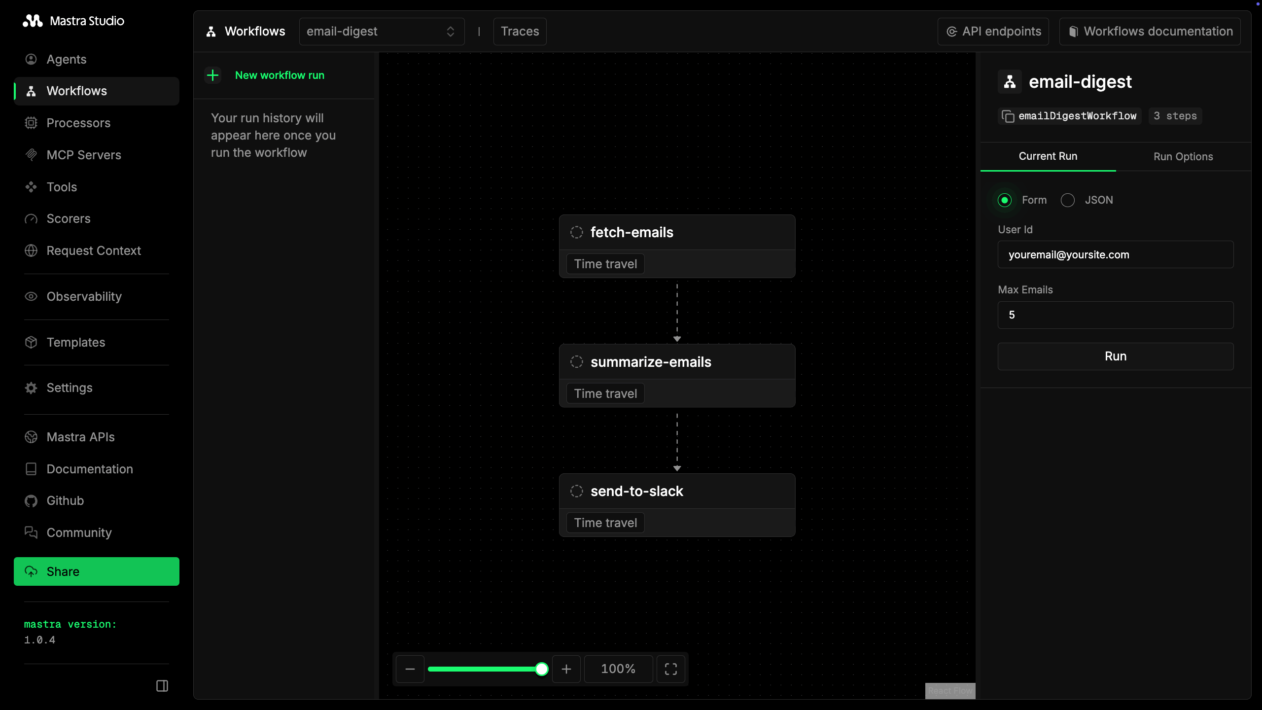Mastra Studio workflow run